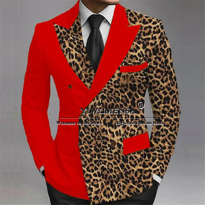 Leopard Splicing Wedding Tuxedo Bespoke Groom Wear Peaked Lapel Prom Male Birthday Party Jacket Black Pants 2 Pieces Suits Men