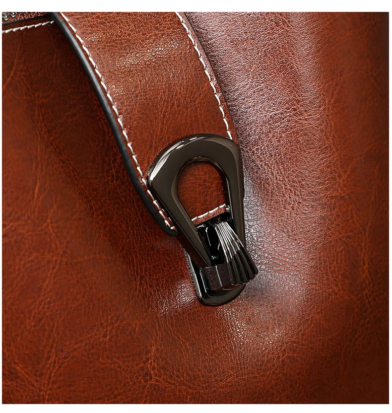 Real Oil Wax Leather Women's Bucket Bag Casual and Simple Handbag Large Capacity Ladies Cowhide Fashionable Crossbody Tote Bag