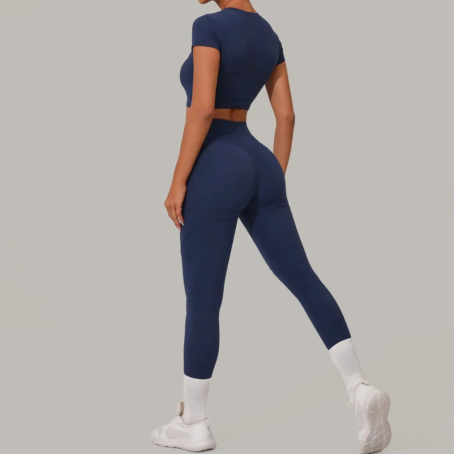 Gym Workout Yoga Fitness Sports Suit Short-sleeved Top Padded-free High-waisted Hip-lifting Trousers Outdoors Leisure Sportswear