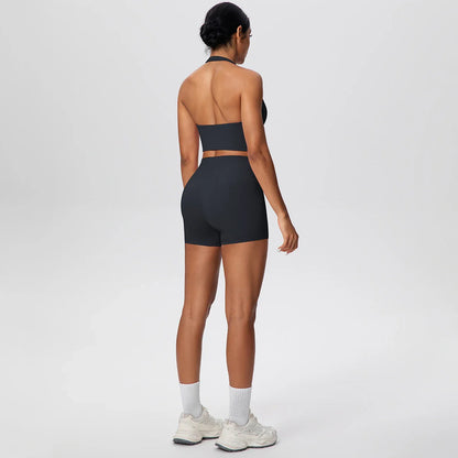 2picese Women Yoga Suit Solid Color High Waist Hip Push Up Fitness Shorts Sexy Pilates Backless Gym Hanging Neck Bra Yoga Set