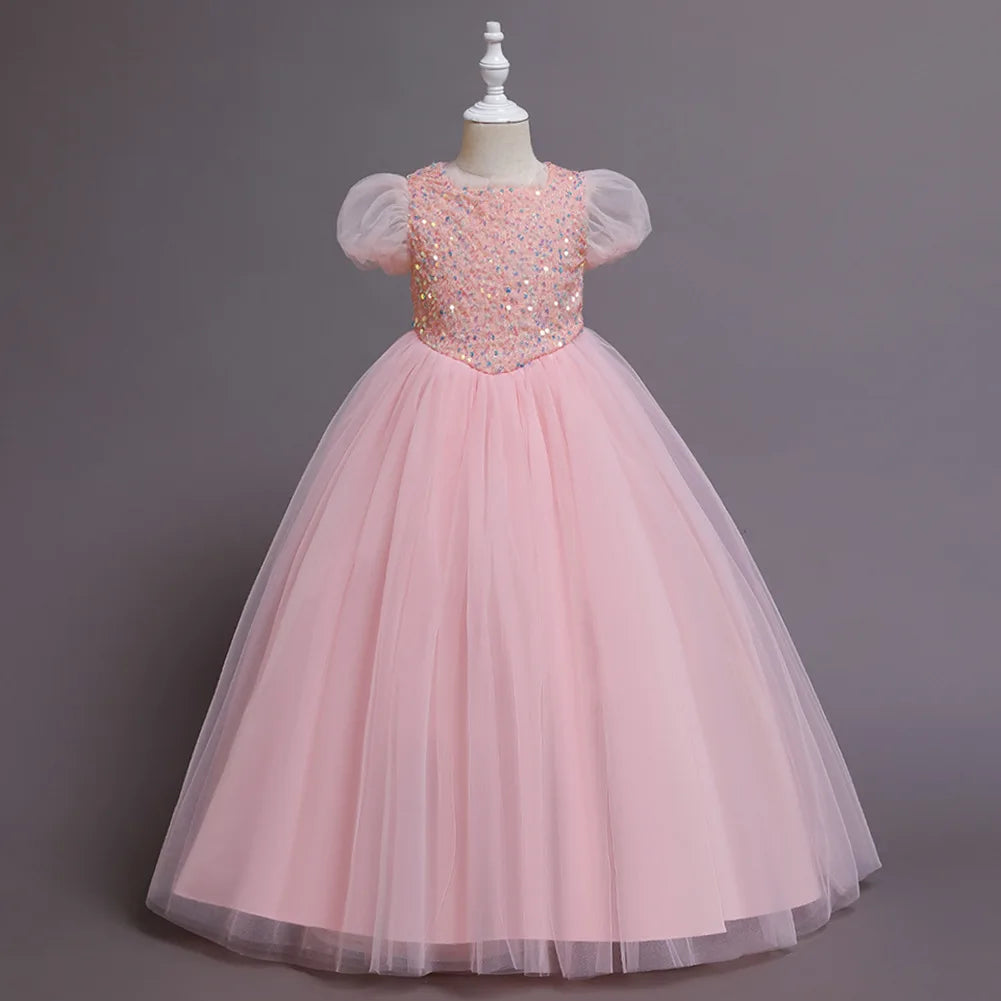 Girls Dress Color Mesh Dress Long Sequin Children's Skirt Girls Piano Host Costumes#323