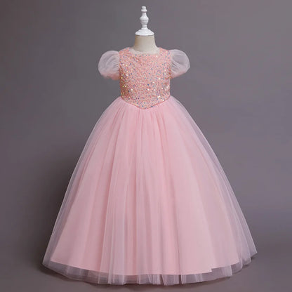 Girls Dress Color Mesh Dress Long Sequin Children's Skirt Girls Piano Host Costumes#323