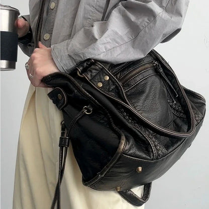 Y2K Spicy Girl One Shoulder Crossbody Bag Vintage Washed Leather Motorcycle Bag Large Capacity Bag