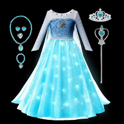 Elsa Rainha da Neve Princesa Meninas Vestido LED Roupa de Carnaval de Halloween Festa Crianças Cosplay Fantasia Infantil