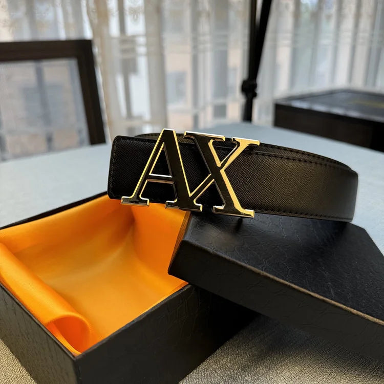 2026 Designer Men's Belt - AX Letter Buckle, 3.8cm Wide, Lychee Pattern, Plain Weave, High-End Fashion, Premium Leather Waistban