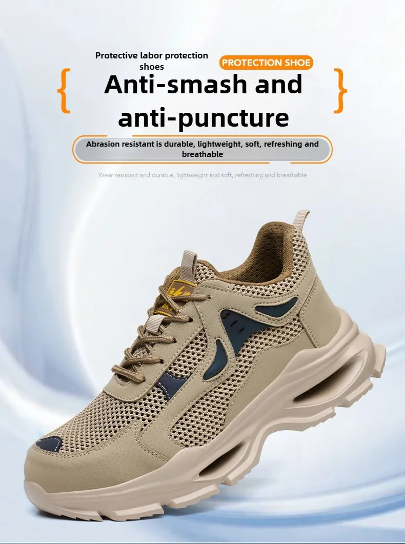 Summer Safety Shoes Anti-puncture Khaki Lightweight Breathable Men's Safety boots Durable Impact Resistant Work Sneaker