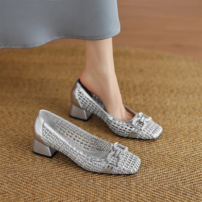 Women's genuine leather braided microfiber patchwork summer breathable pumps crystal buckle 4cm thick med heel daily dress shoes