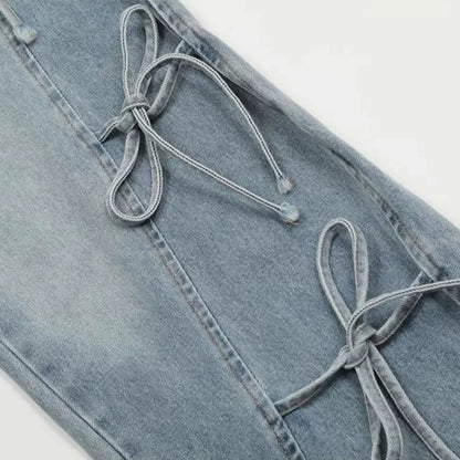 Women Vintage Streetwear Bow Bandage Wide Leg Denim Pants