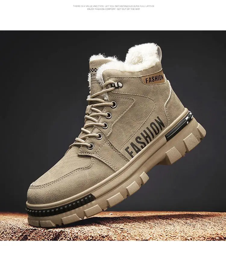 Men Snow Boots  Winter Anti Slip Plush Indoor Warm Cold Proof Snow Boots High Top Platform Lace Up Outdoor Sport Work Boots
