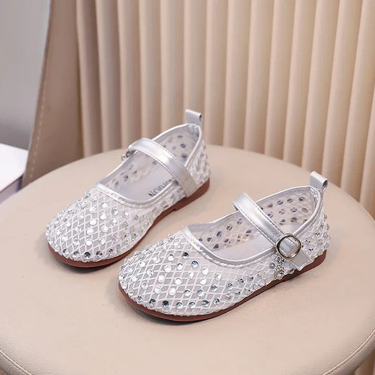 Summer Quick-Dry Mesh Kids Sandals for Girls Witn Sparkly Sequins Non-Slip Sole Cuts-outs Toddler Flats Beach Shoes Daily Wear