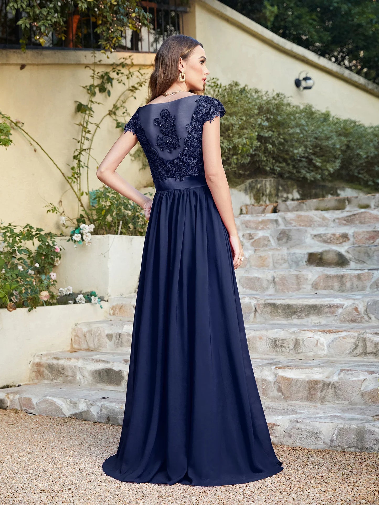 A-line V Neck Sleeveless Floral Lace Chiffon Back Hollow Long Paty Bridesmaid Dress Women 2024 For Wedding Sexy Evening Dress