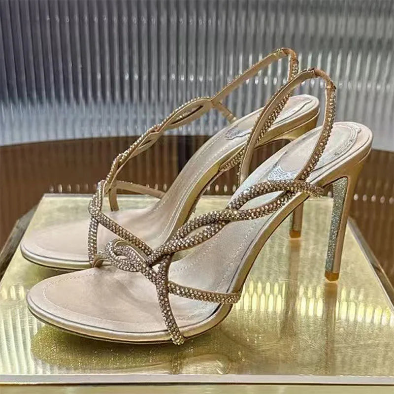 Bling Crystal Studded Thin Heels Sandals Woman Rhinestone Cross-tied High Heels Banquet Shoes Summer Stiletto Sandalias Women
