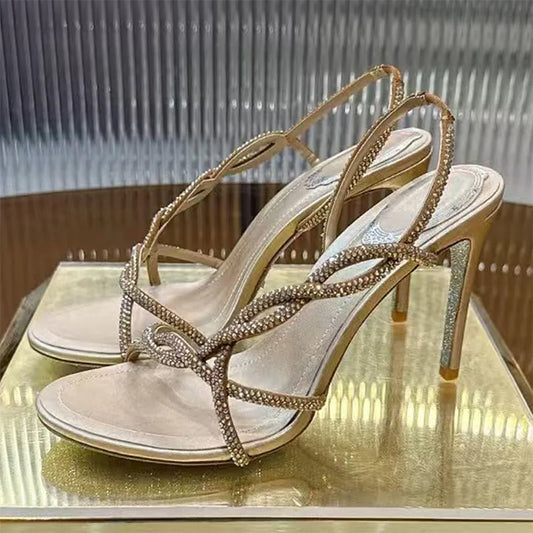Bling Crystal Studded Thin Heels Sandals Woman Rhinestone Cross-tied High Heels Banquet Shoes Summer Stiletto Sandalias Women