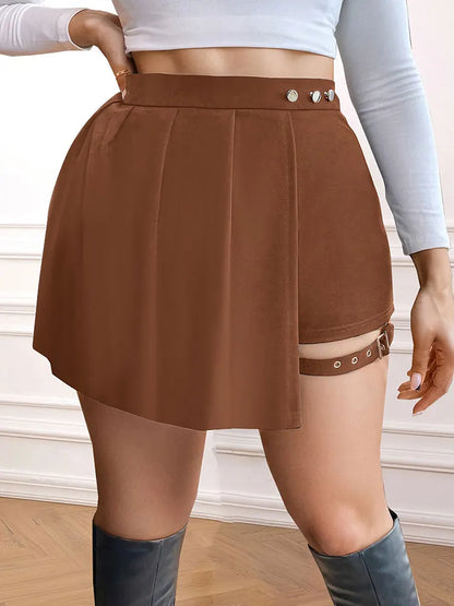 New Plus Size Metal Button Irregular Skirt Pants Sexy Thigh Strap Solid Mini Culottes Fashion Versatile Women's Clothing Bottoms