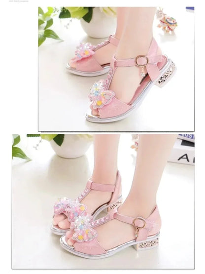 Girls Dance Shoes Non-slip Soft Sole Kids Princess Shoes T-strap Open Toes 2025 Summer New Children Sandals Sweet Bows Non-slip