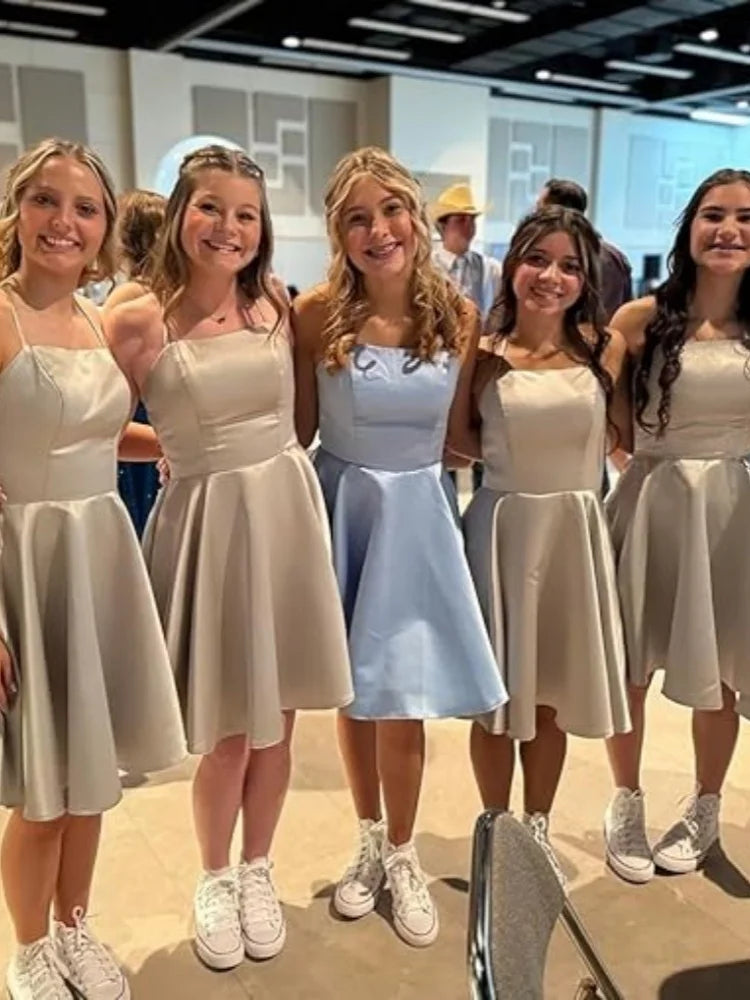 Short Homecoming Dresses for Teens With Pockets Spaghetti Straps Satin Prom Dress for Women A-line Knee Length Party Dress
