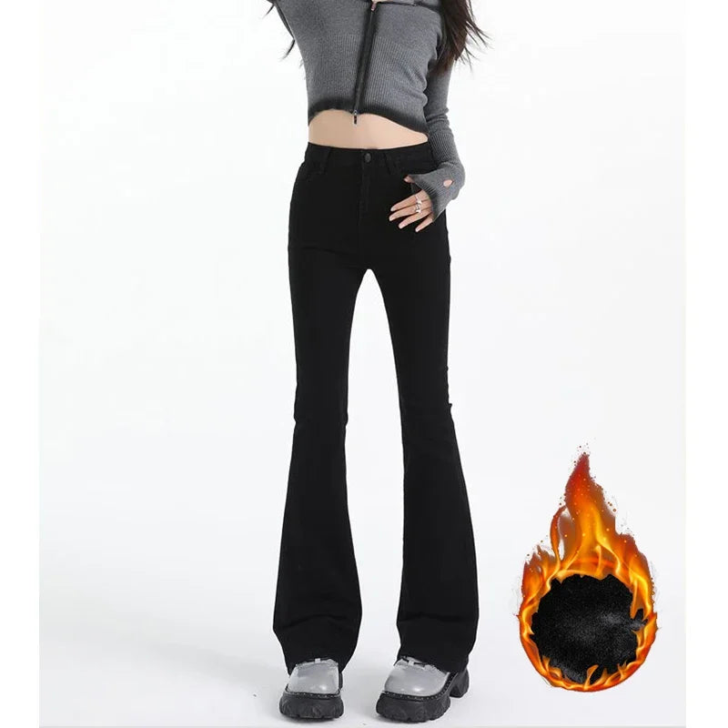Winter Girls Chic Thermal Plush High Waist Flared Jeans