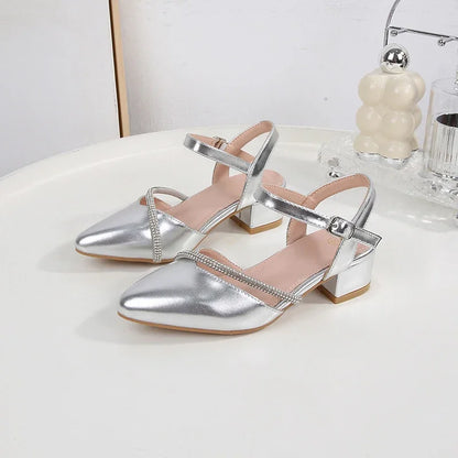 Girls' High Heels Sandals Fashion Rhinestone Pointed Toe Children's Princess Shoes Rubber Soles Non Slip Casual Sandals