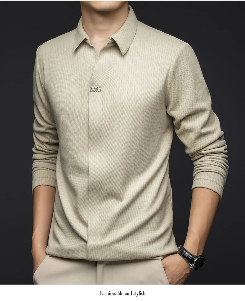 Men's Business Casual Solid Color Stretch V-neck POLO Shirt Daily Commute Striped Sweater for Fall 2024.