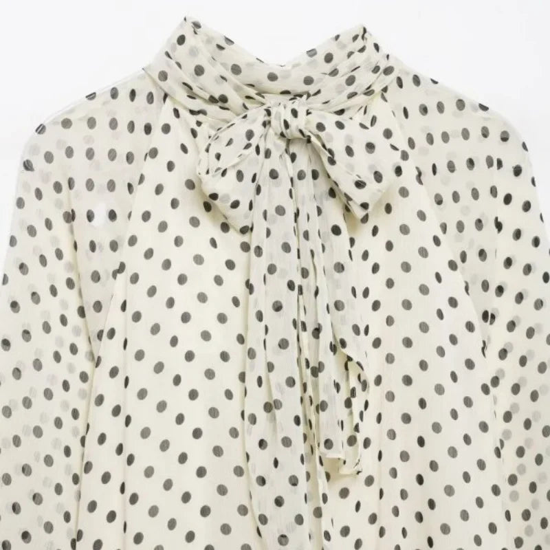 Elegant Women Polka Dot Blouse, Spring Bow Tie Lantern Sleeve Layered Neck Chiffon Shirt, Casual Daily Office Top