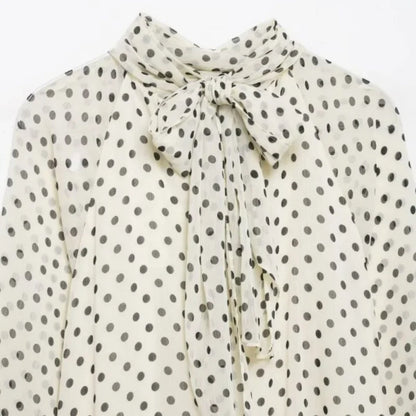 Elegant Women Polka Dot Blouse, Spring Bow Tie Lantern Sleeve Layered Neck Chiffon Shirt, Casual Daily Office Top