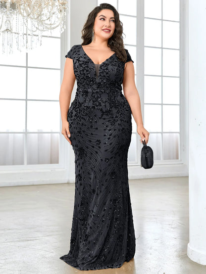 Plus Size Elegant Blue Evening Dress For Women 2024 Luxury Long Mermaid Formal Sequins V-neck Prom Wedding Party Gown