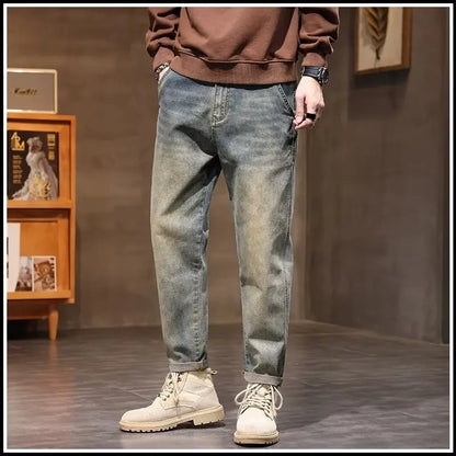Calça Jeans Masculina Primavera Vintage Elástica Casual Longa Calça Reta Slim Algodão Poliéster Lavada para Adolescentes