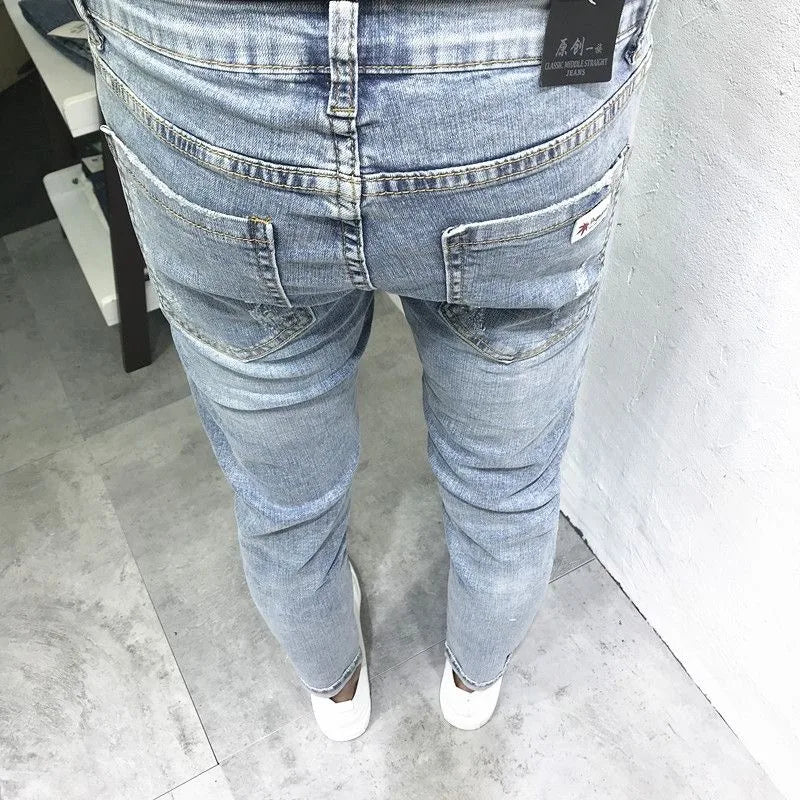 2024 Spring and Autumn New Fashion Trend Solid Color Elastic Small Legs Men's Casual Slim Comfortable High Quality Denim Pants