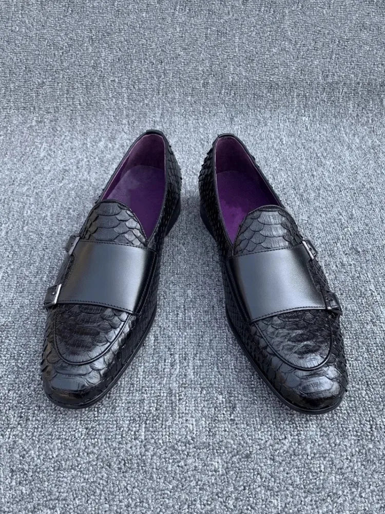 Gentleman Snake Skin Genuine Leather Monk Shoes Wedding Dress Shoes Buckle Slip On Loafers SpringBusiness Man Work Formal Shoes