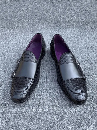 Gentleman Snake Skin Genuine Leather Monk Shoes Wedding Dress Shoes Buckle Slip On Loafers SpringBusiness Man Work Formal Shoes