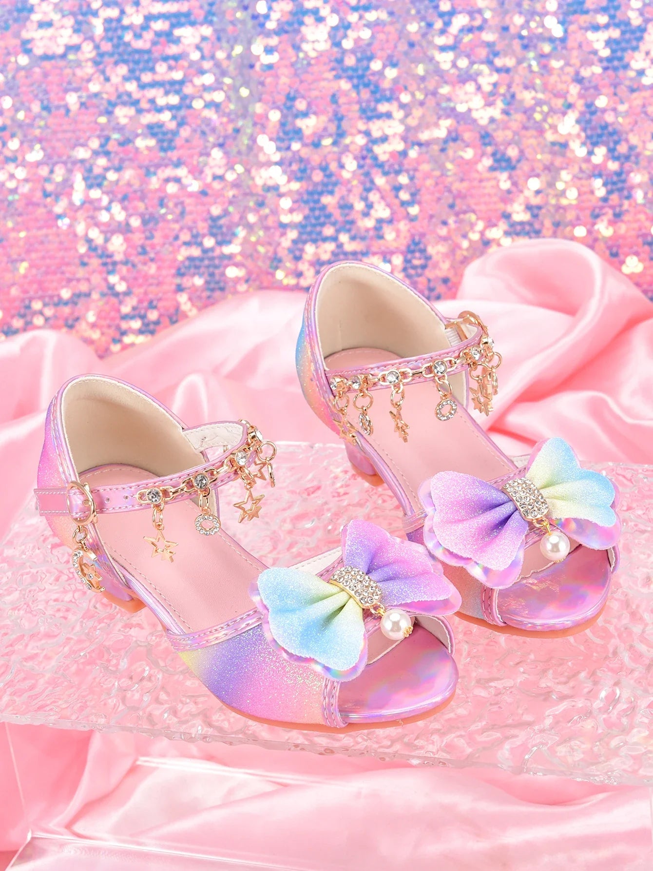 Girls' Fashion Rainbow Glitter High Heel Shoes, Children Dress Up Pageant Runway Performance Party Sandals