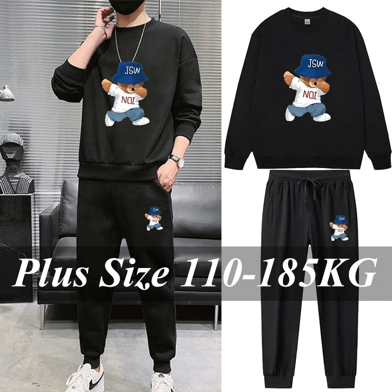 2pcs Men's Sweatshirt Sweatpants Plus Size 1XL-7XL Sports Fashion Casual Printed Male Round Neck Pullover Trousers Set 110-185KG
