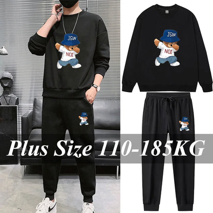 2pcs Men's Sweatshirt Sweatpants Plus Size 1XL-7XL Sports Fashion Casual Printed Male Round Neck Pullover Trousers Set 110-185KG