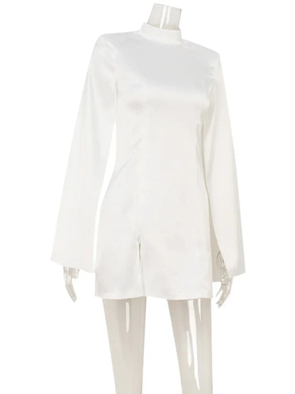 Mini Dresses For Women Solid Long Flare Sleeves Turtleneck Sheath Satin Fashion Split Party Slim Fit Female Robe