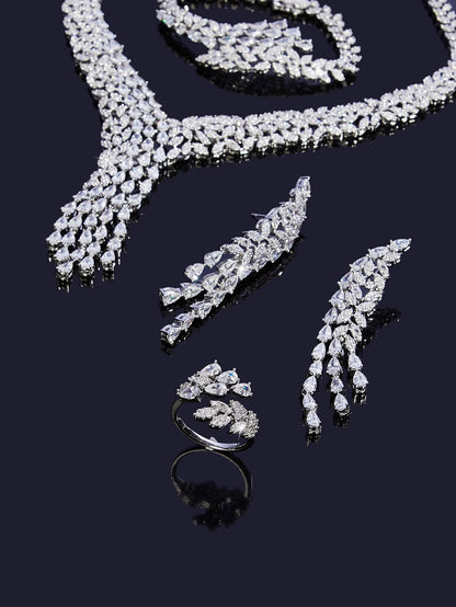Luxury Brilliant Cubic Zirconia Bridal Jewelry Set Brides Accessories Tassel Water Drop Necklace Earring 4pcs Set for Wedding