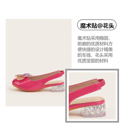Summer New Children's High Heels Girls' Crystal Princess Shoes Hollow Heel Round Toe Fashion Flower Baby Girls' Sandals Rose Red