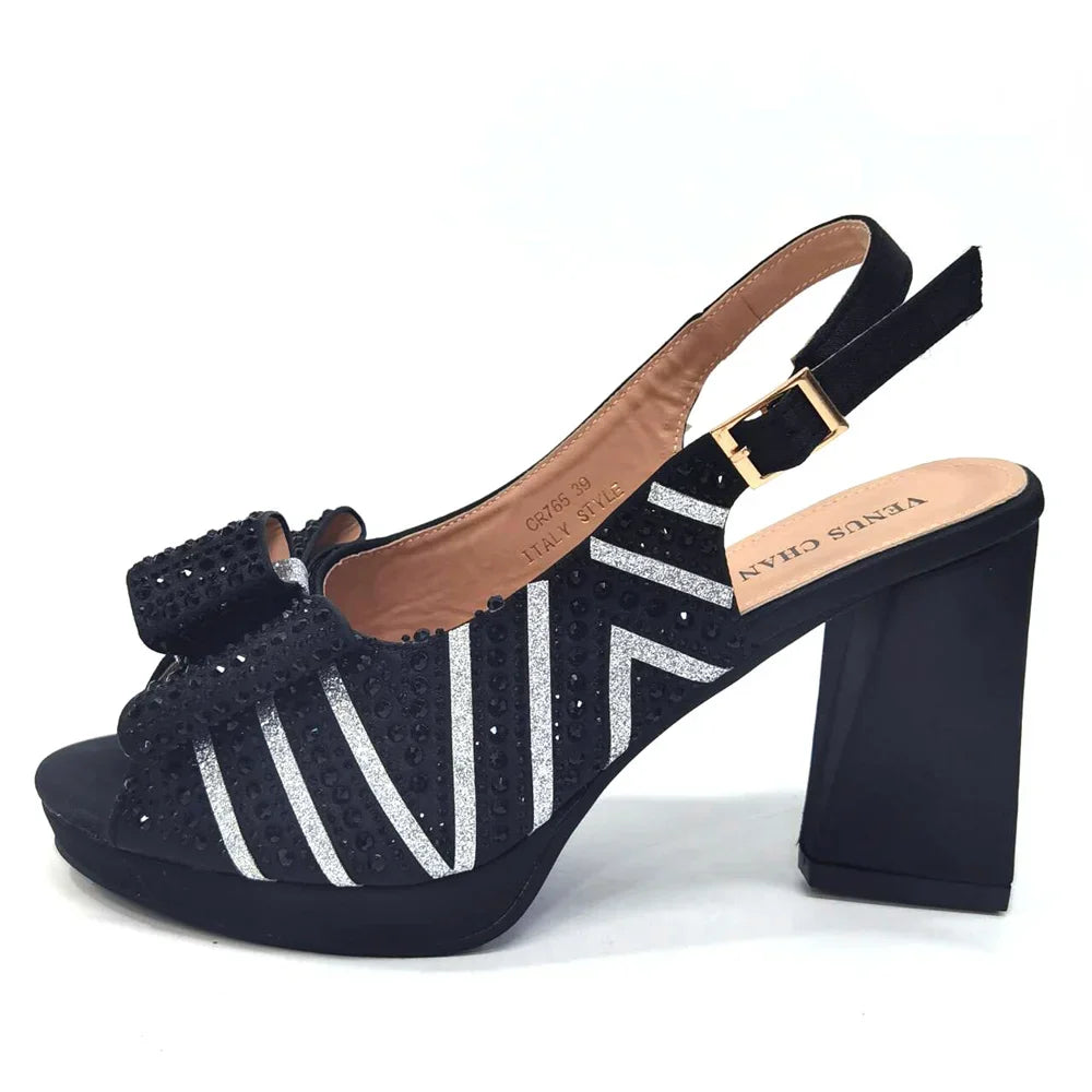 Black Color Elegant High Heels Nigeria Popular Design African Ladies Shoes And Bag Set for Wedding Party