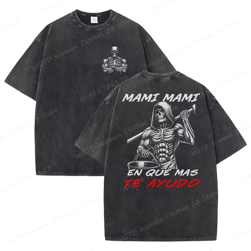 Calacas Chidas Gym Washed T-Shirts Men's Trendy Cool Skeleton & Gym Print Oversized Tshirt Summer Tees Streetwear Casual Tops
