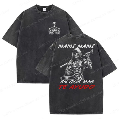 Calacas Chidas Gym Washed T-Shirts Men's Trendy Cool Skeleton & Gym Print Oversized Tshirt Summer Tees Streetwear Casual Tops