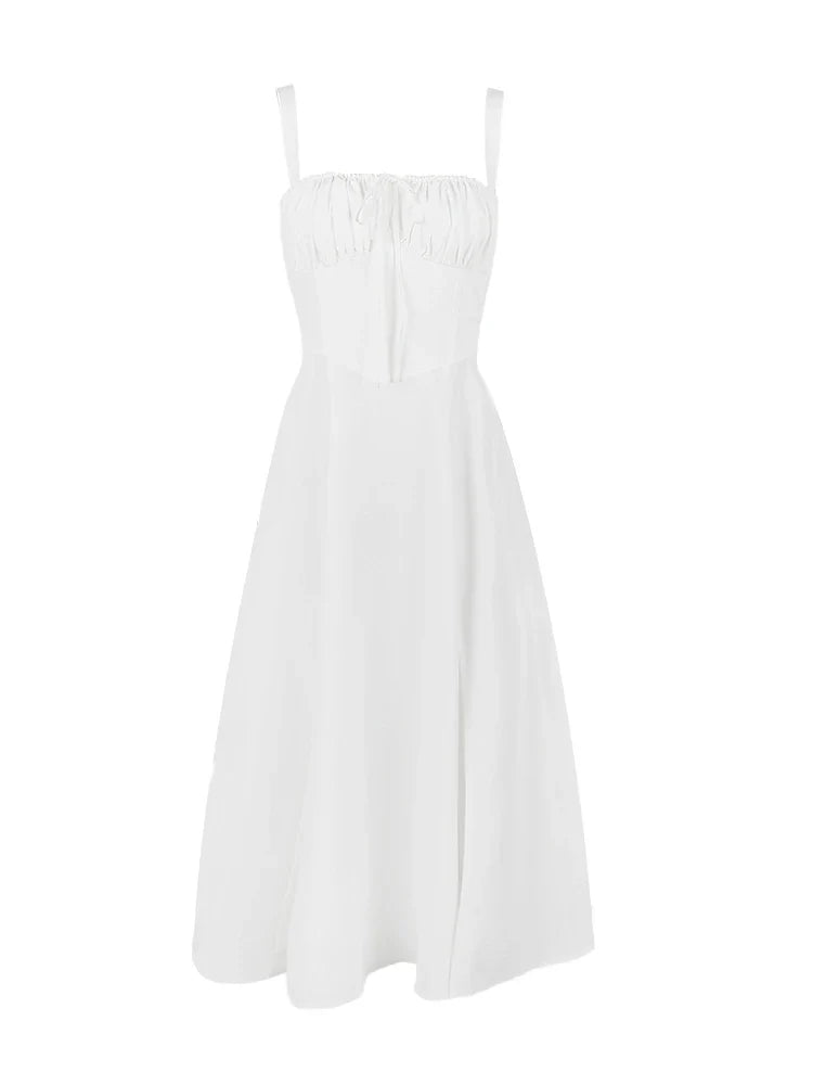 Full Lining Elegant Lace Up Holiday Party Dresses Midi Sexy Spaghetti Strap Split Dress White Summer Dress Women 2023