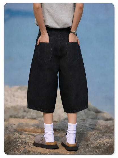Summer American Style Retro Black Ultra Baggy Machete Wide Leg Denim Shorts Fashion Men's Women's Daily Jeans Capris Jeans