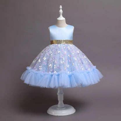 New Baby Kids Girls Elegant Printed Butterfly Flower Princess Party Tutu Dresses Children Sequins Wedding Evening Girl Clothes