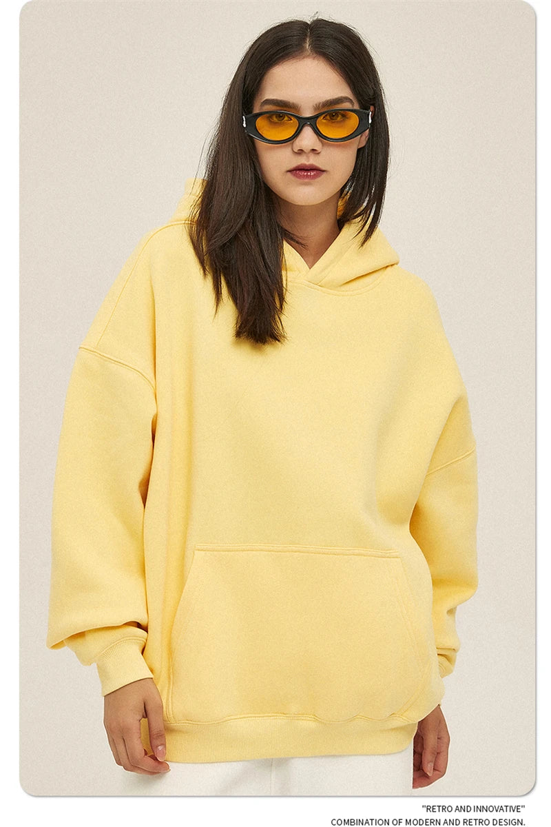Thick 350gsm Fleece Hooded Hoodies For Men Unisex Winter Oversized Loose Basic Solid Sweatshirts Pullovers Coats HY0631