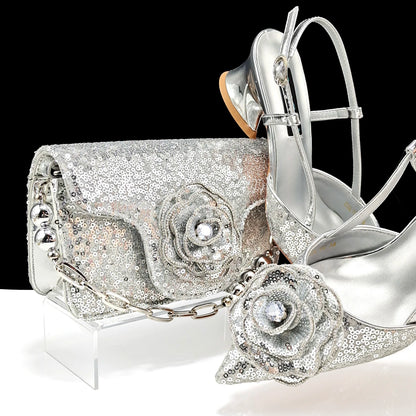 Elegant Full of Rhinestone Flower Design Style White Color Party Wedding Pointed Toe Women Shoes and Bag Set