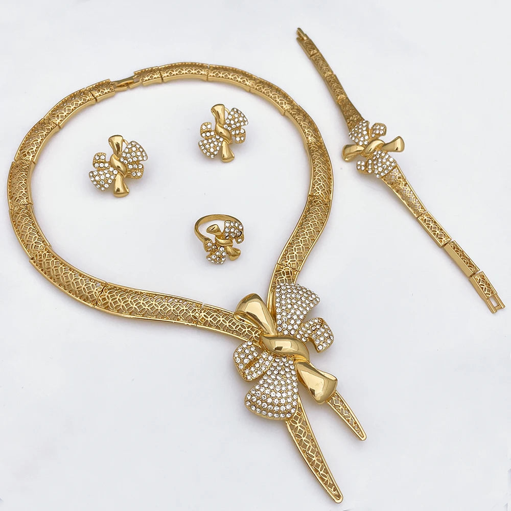 Conjunto de Joias Femininas Banhadas a Ouro 18k, Design Clássico, Colar, Brinco, Pulseira e Anel, Conjunto de 4 Peças, Joias para Festa de Casamento, Itália