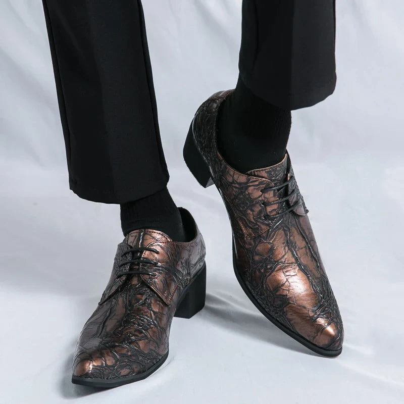 Men High Heeled Lace Up Derby Shoes PU Embossed Fashionable  Comfortable Business Formal Banquet Men Shoes