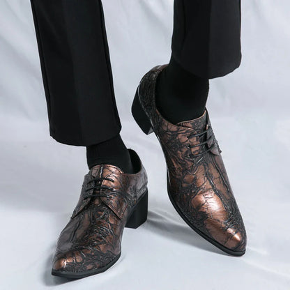 Men High Heeled Lace Up Derby Shoes PU Embossed Fashionable  Comfortable Business Formal Banquet Men Shoes