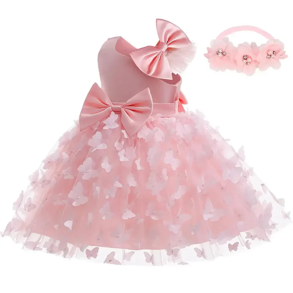 Vestido Borboleta Branco e Rosa de Verão para Meninas Vestido de Noiva de Tule Roupa de Batizado Roupa de Bebê Menina 1º Aniversário