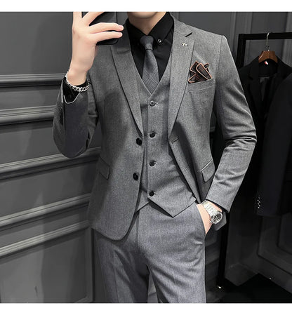( Blazer + Vest + Pants ) Boutique Fashion Solid Color Men's Slim Casual Business Suit Three-piece Set Groom Wedding Dress Party