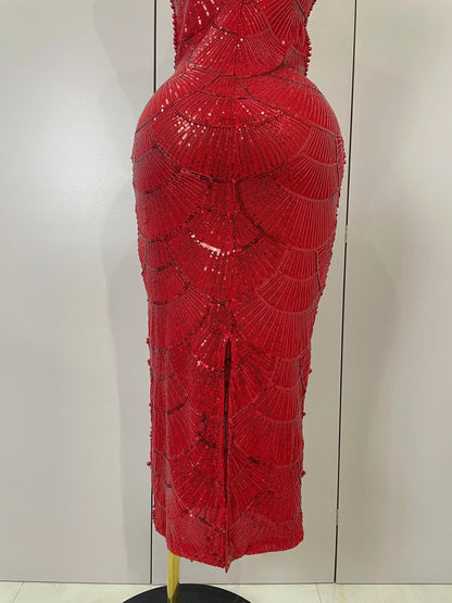 Women Hot Sale Sleeveless Sexy Strap Pearl Beading Sequins Bodycon Long Dress Celebrate Evening Party Birthday Outfit Vestido